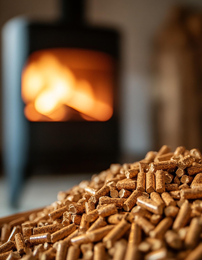 Granulés de bois devant un poêle allumé pour un chauffage économique et performant